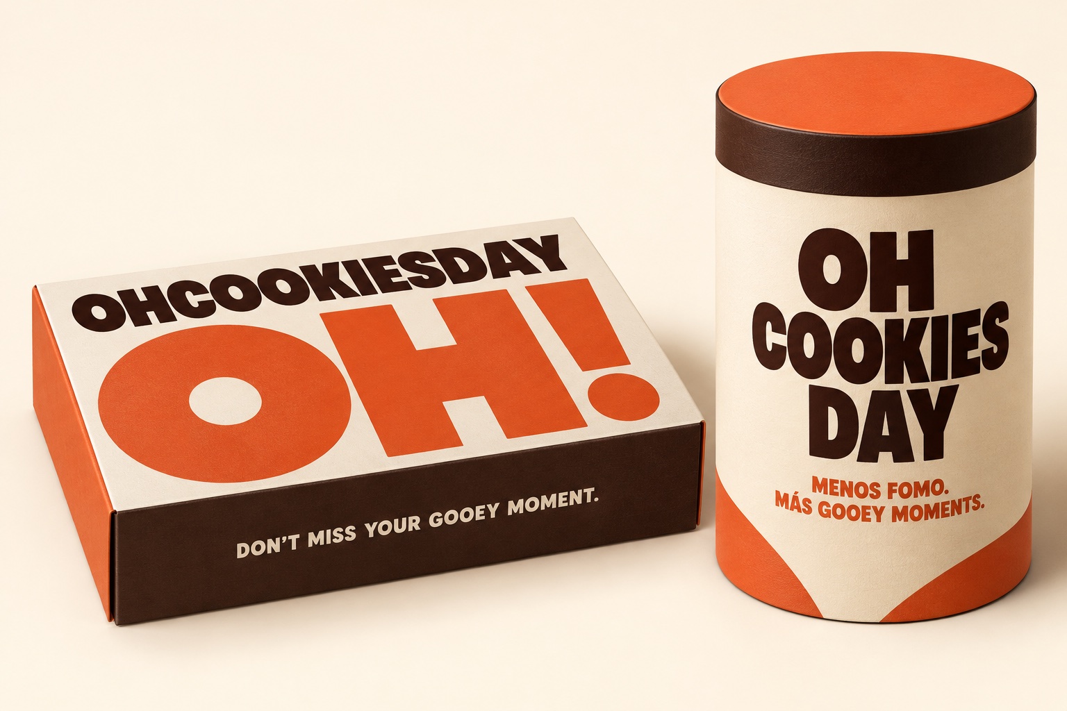 Propuesta de packaging OHCOOKIESDAY: caja rectangular y tubo cilíndrico en crema, chocolate y naranja
