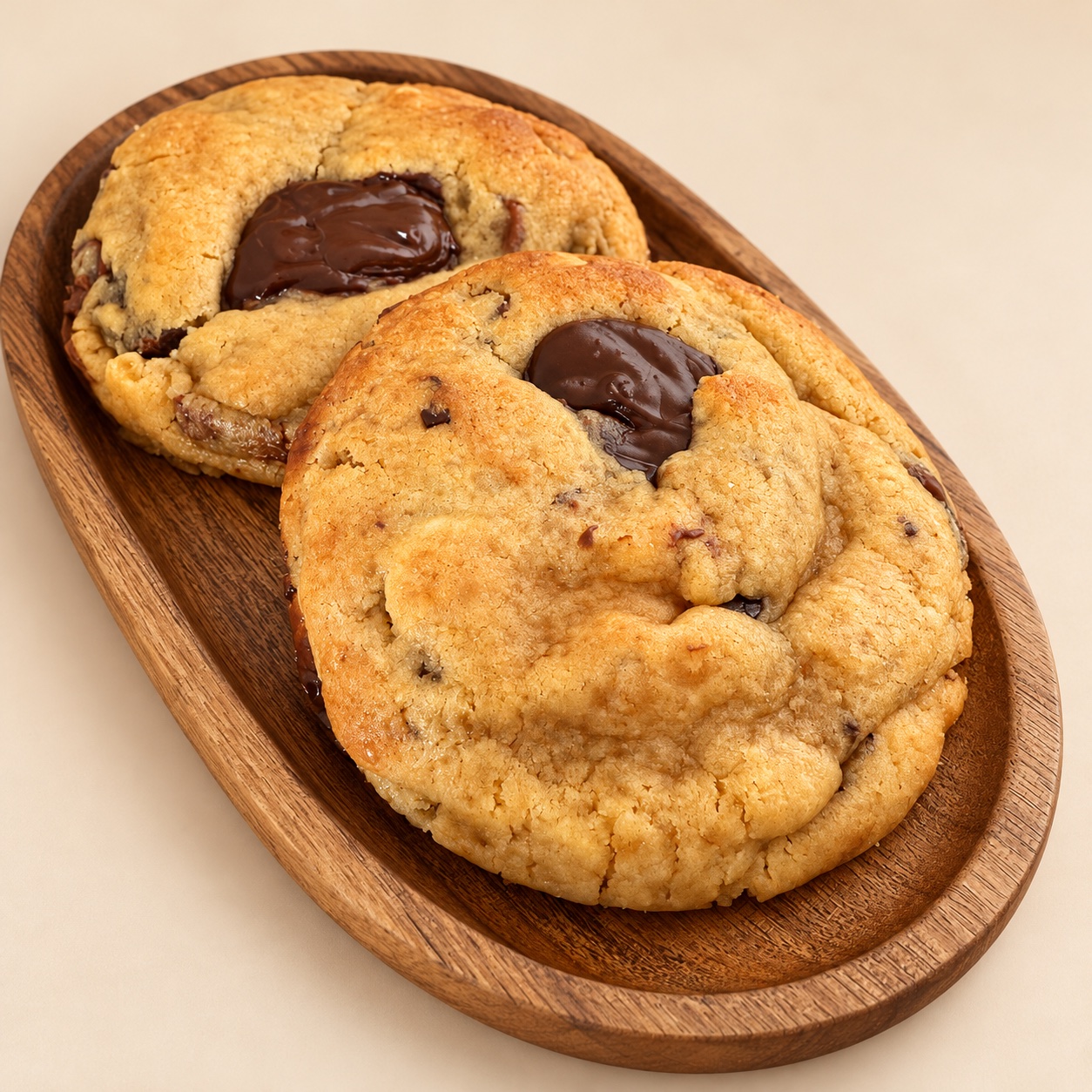 Dos cookies de nuestra producción con chocolate en el centro, en fotografía retocada sobre fondo crema